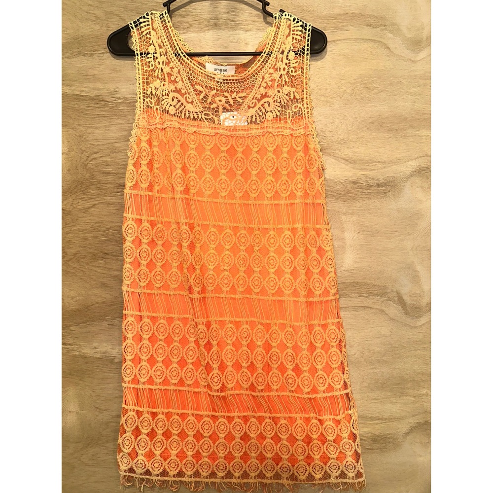Umgee Coral Orange Lace Crochet Mini Dress Sleeveless Boho Summer Size L